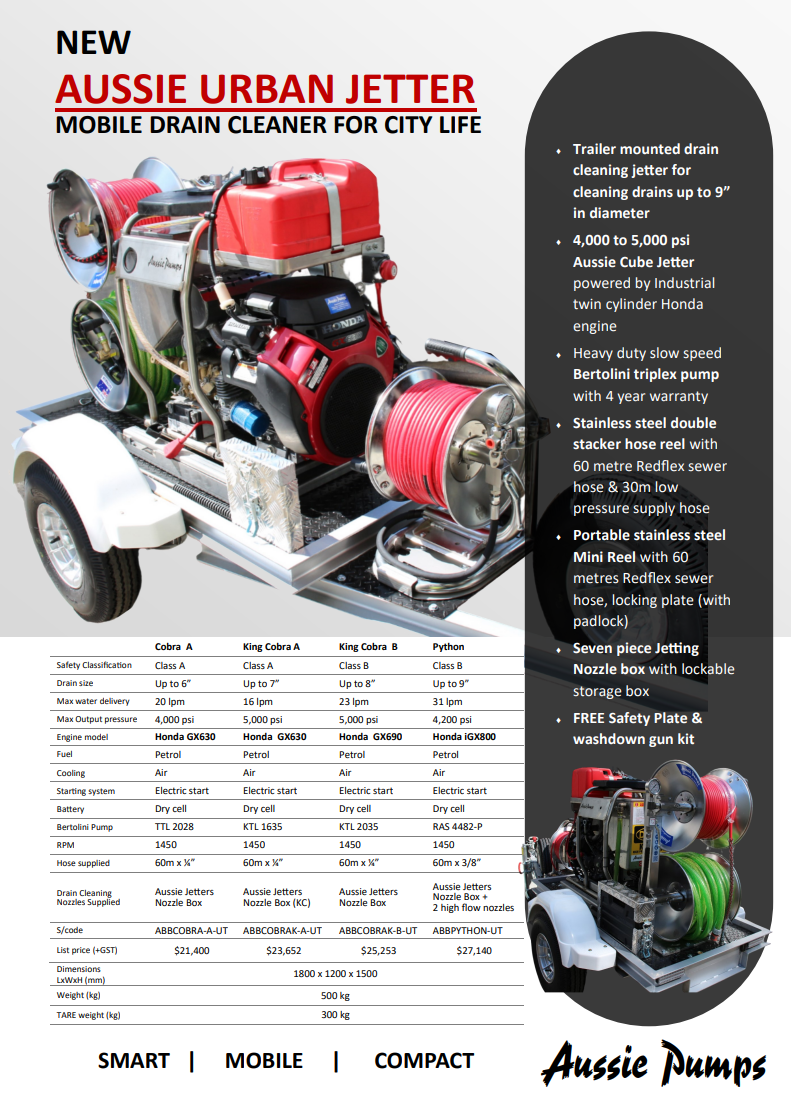 AUSSIE URBAN JETTER MOBILE DRAIN CLEANER FOR CITY LIFE